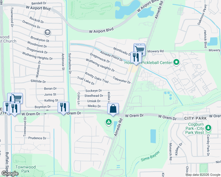 map of restaurants, bars, coffee shops, grocery stores, and more near 2642 Sockeye Drive in Houston