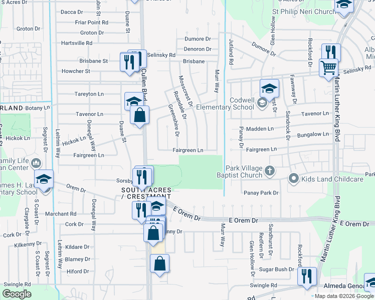 map of restaurants, bars, coffee shops, grocery stores, and more near 11939 Roandale Drive in Houston