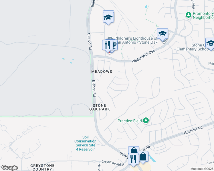 map of restaurants, bars, coffee shops, grocery stores, and more near 20215 Standish Road in San Antonio