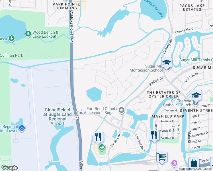 map of restaurants, bars, coffee shops, grocery stores, and more near 66 Scepter Run in Sugar Land