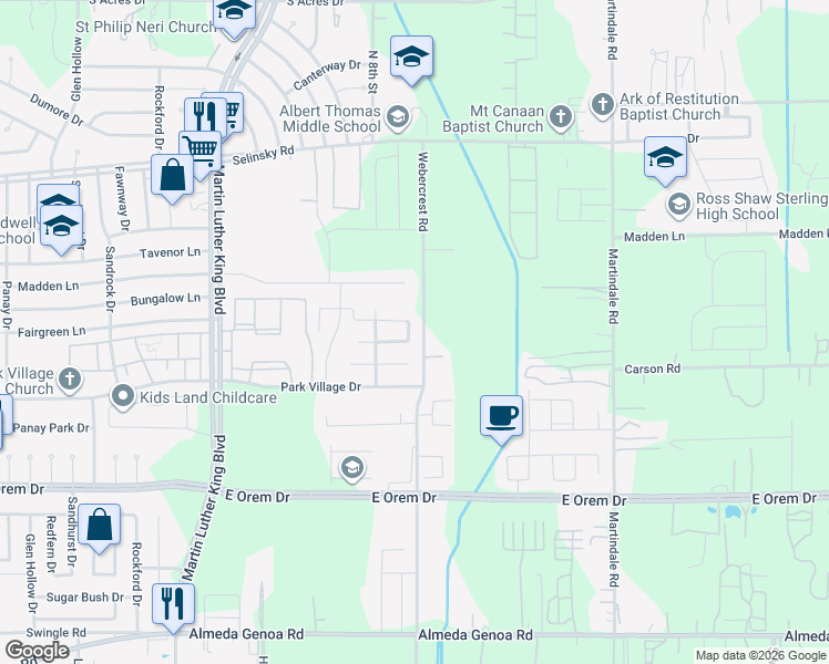 map of restaurants, bars, coffee shops, grocery stores, and more near 12015 Webercrest Road in Houston
