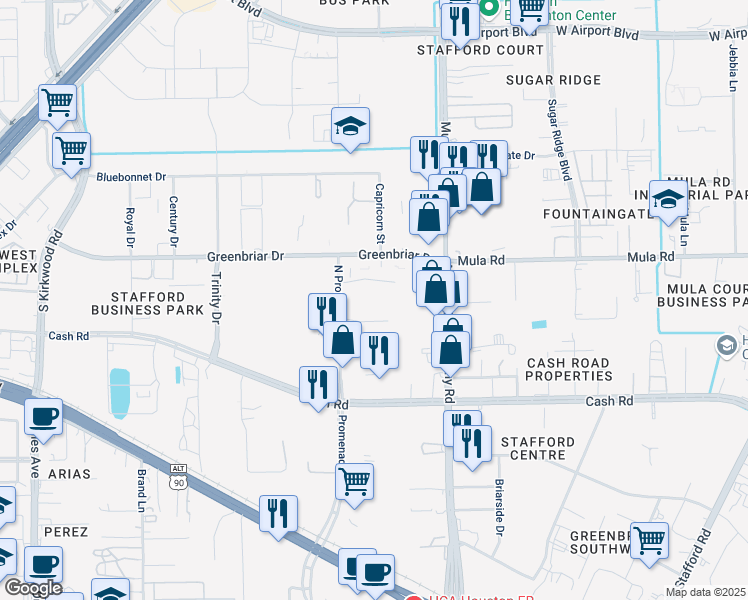 map of restaurants, bars, coffee shops, grocery stores, and more near 13131 North Promenade Boulevard in Stafford
