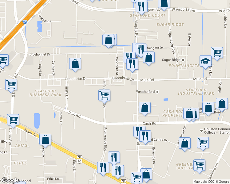 map of restaurants, bars, coffee shops, grocery stores, and more near 13131 North Promenade Boulevard in Stafford