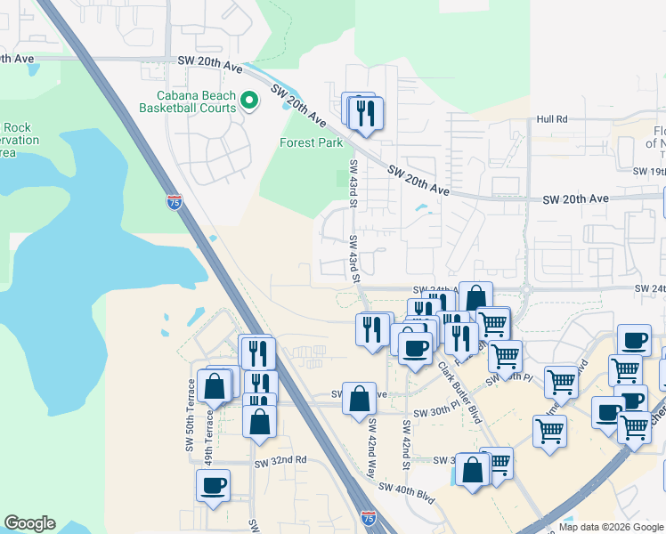 map of restaurants, bars, coffee shops, grocery stores, and more near 2300 Southwest 43rd Street in Gainesville