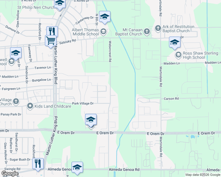 map of restaurants, bars, coffee shops, grocery stores, and more near 12015 Webercrest Road in Houston