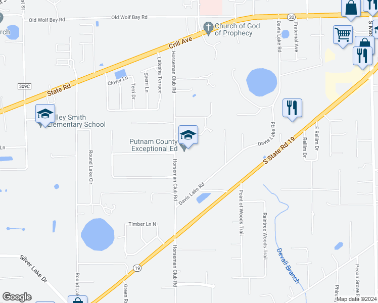 map of restaurants, bars, coffee shops, grocery stores, and more near 156 Horseman Club Road in Palatka