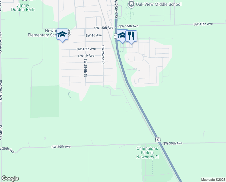 map of restaurants, bars, coffee shops, grocery stores, and more near 25033 Southwest 22nd Avenue in Newberry