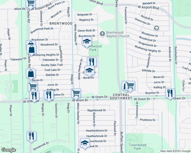 map of restaurants, bars, coffee shops, grocery stores, and more near 13719 White Heather Drive in Houston