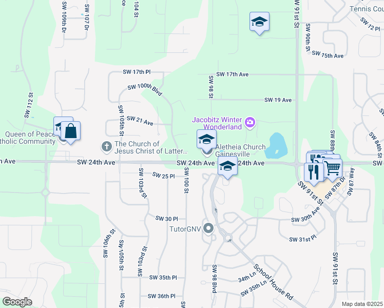 map of restaurants, bars, coffee shops, grocery stores, and more near 9905 Southwest 23 Lane in Gainesville