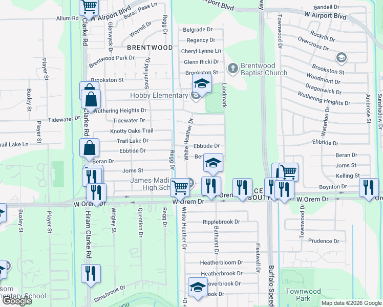 map of restaurants, bars, coffee shops, grocery stores, and more near 3922 Beran Drive in Houston
