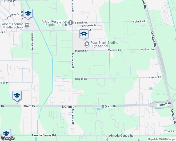 map of restaurants, bars, coffee shops, grocery stores, and more near 6141 Carson Road in Houston