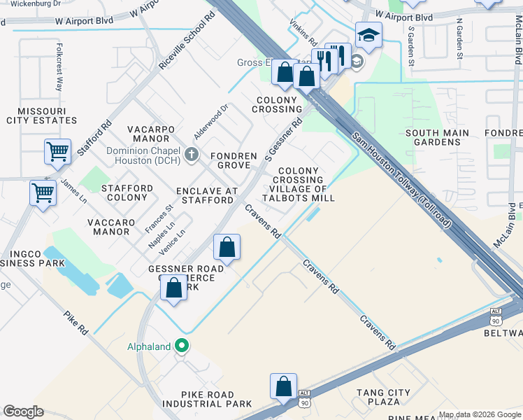 map of restaurants, bars, coffee shops, grocery stores, and more near 12706 Nicole Court in Missouri City