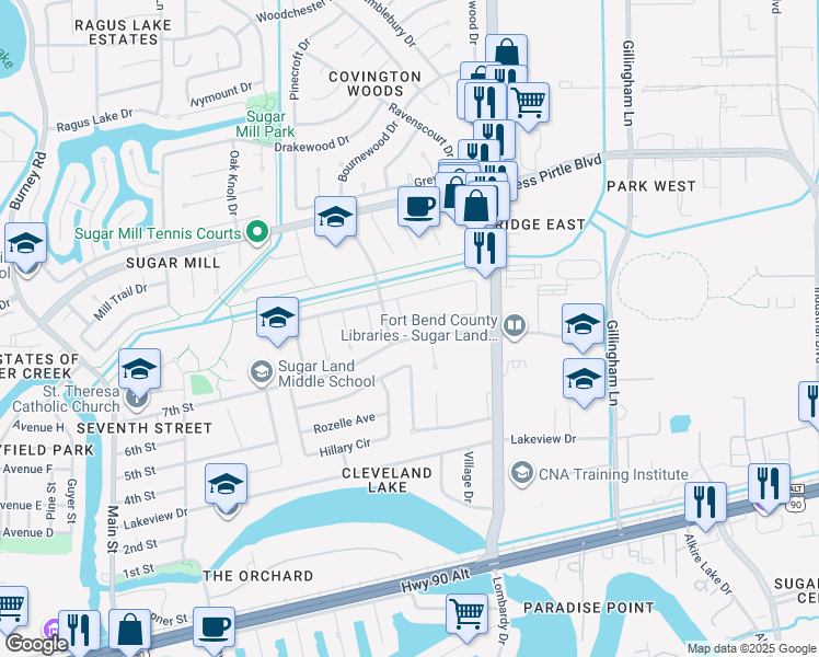 map of restaurants, bars, coffee shops, grocery stores, and more near 722 7th Street in Sugar Land