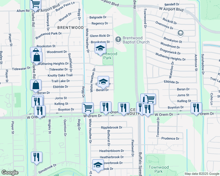 map of restaurants, bars, coffee shops, grocery stores, and more near 13719 White Heather Drive in Houston