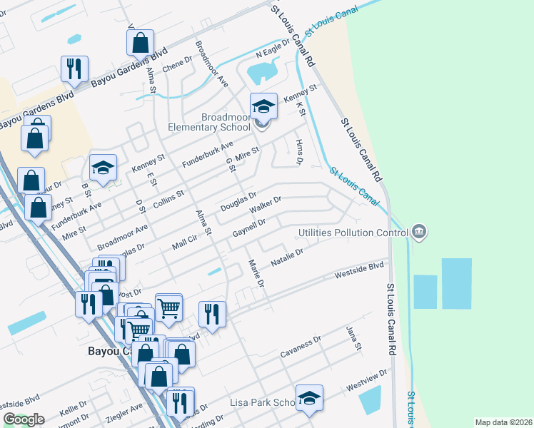 map of restaurants, bars, coffee shops, grocery stores, and more near 507 Gaynell Drive in Houma