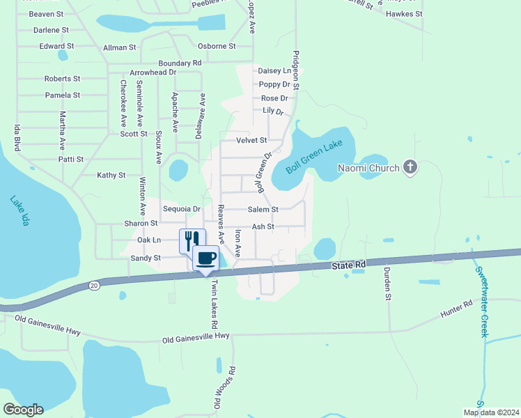 map of restaurants, bars, coffee shops, grocery stores, and more near Salem Street in Interlachen