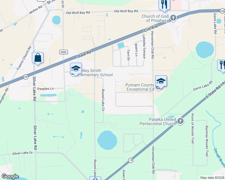 map of restaurants, bars, coffee shops, grocery stores, and more near 145 Confederate Point Road in Palatka