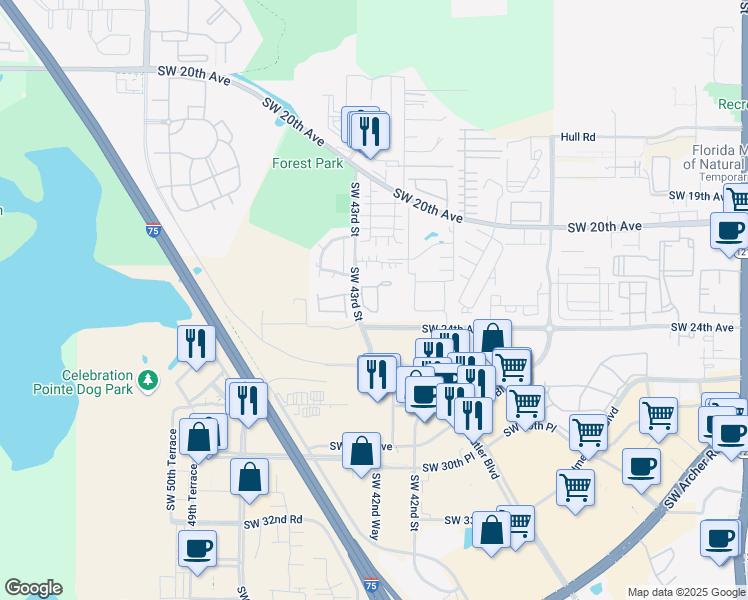 map of restaurants, bars, coffee shops, grocery stores, and more near 2362 Southwest 42nd Way in Gainesville