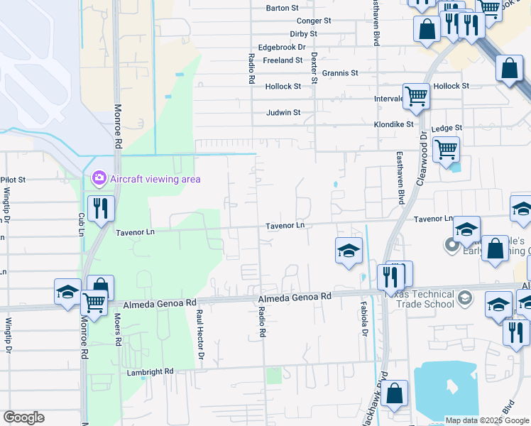 map of restaurants, bars, coffee shops, grocery stores, and more near 9443 Radio Road in Houston