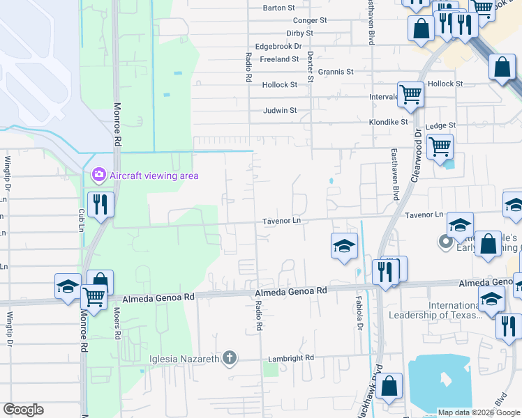 map of restaurants, bars, coffee shops, grocery stores, and more near 9443 Radio Road in Houston