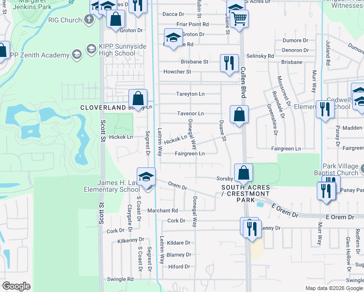 map of restaurants, bars, coffee shops, grocery stores, and more near 11914 Edgar Street in Houston