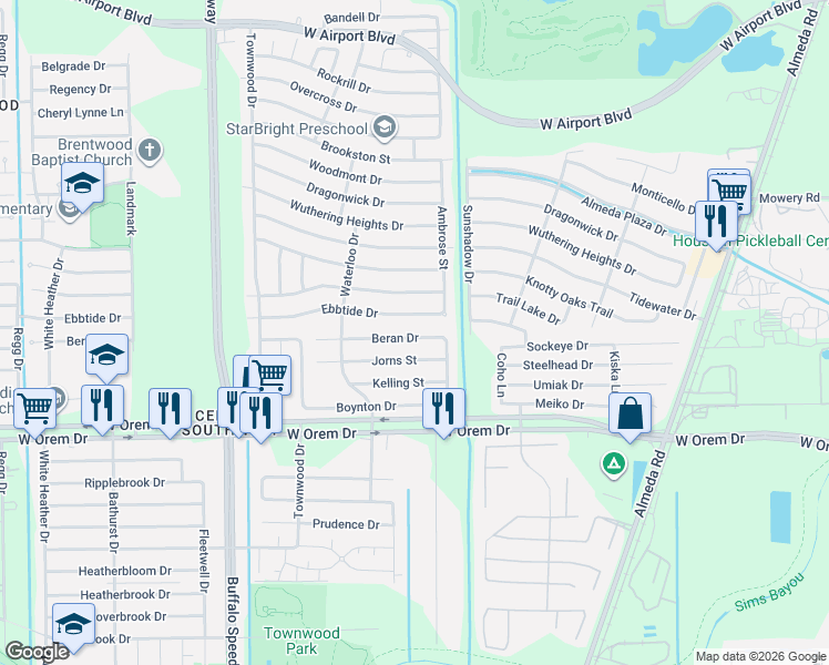 map of restaurants, bars, coffee shops, grocery stores, and more near 3147 Beran Drive in Houston