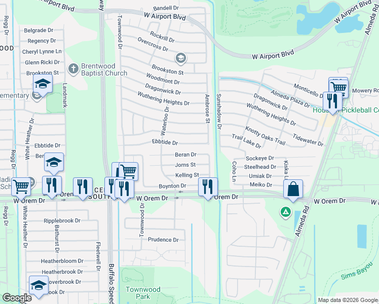 map of restaurants, bars, coffee shops, grocery stores, and more near 3147 Beran Drive in Houston