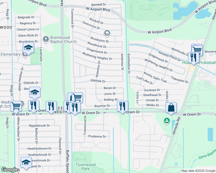map of restaurants, bars, coffee shops, grocery stores, and more near 3147 Beran Drive in Houston