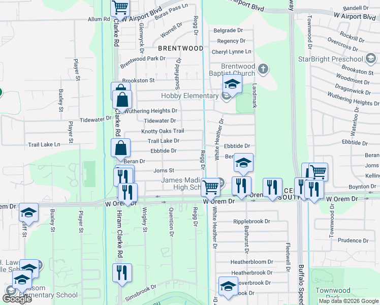 map of restaurants, bars, coffee shops, grocery stores, and more near 4126 Beran Drive in Houston