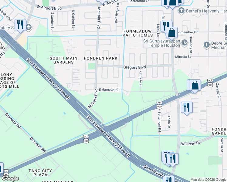 map of restaurants, bars, coffee shops, grocery stores, and more near 15311 East Hampton Circle in Houston