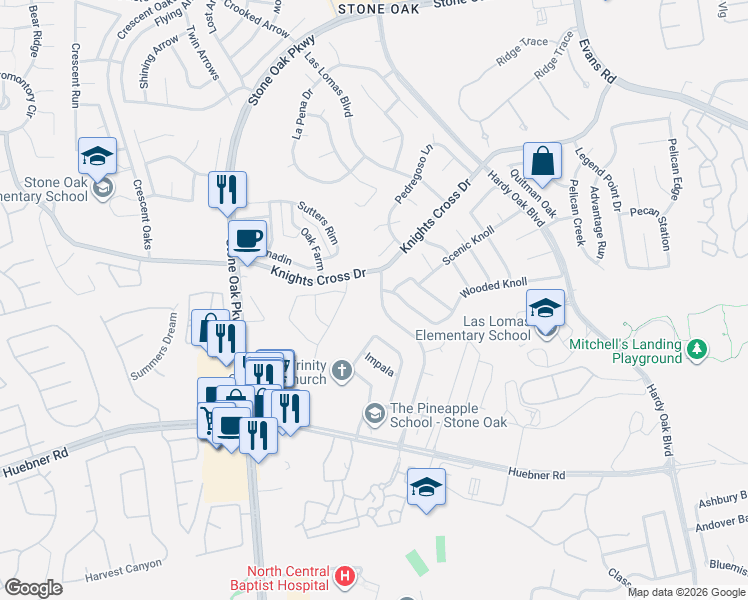 map of restaurants, bars, coffee shops, grocery stores, and more near 18127 Summer Knoll in San Antonio