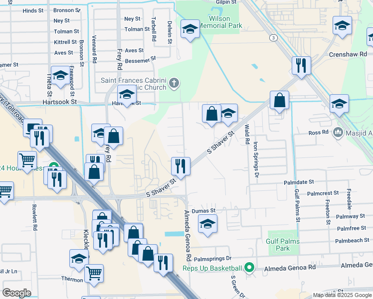 map of restaurants, bars, coffee shops, grocery stores, and more near 8965 North Broadway in Houston