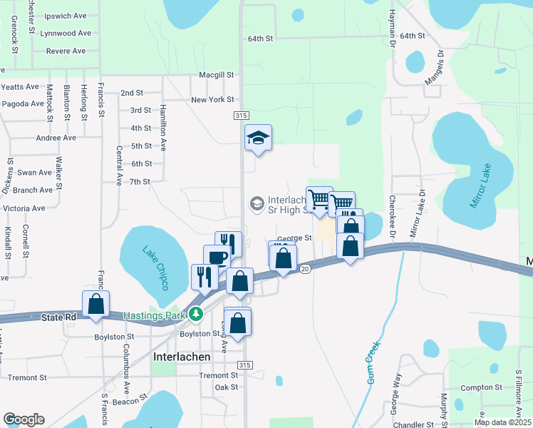 map of restaurants, bars, coffee shops, grocery stores, and more near 126 County Road 315 in Interlachen
