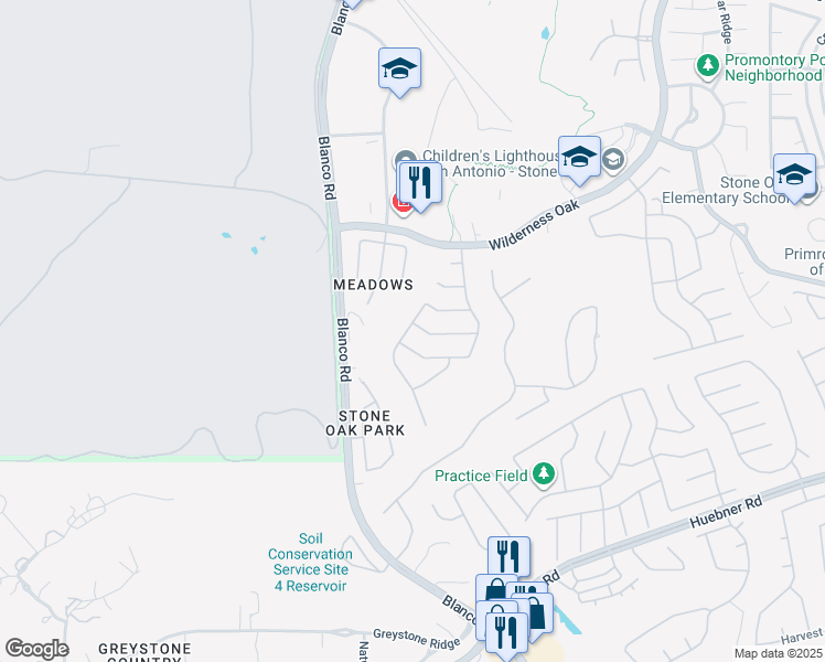 map of restaurants, bars, coffee shops, grocery stores, and more near 20215 Standish Road in San Antonio