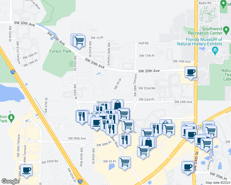 map of restaurants, bars, coffee shops, grocery stores, and more near 3940 Southwest 24th Avenue in Gainesville