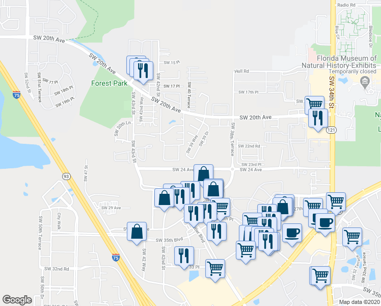 map of restaurants, bars, coffee shops, grocery stores, and more near 2318 Southwest 39 Drive in Gainesville