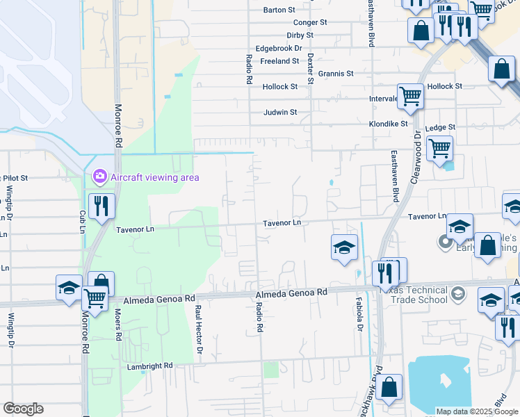 map of restaurants, bars, coffee shops, grocery stores, and more near 9443 Radio Road in Houston