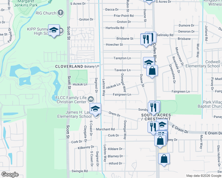 map of restaurants, bars, coffee shops, grocery stores, and more near 4111 Fairgreen Lane in Houston