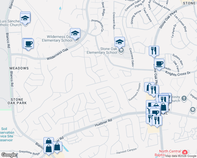 map of restaurants, bars, coffee shops, grocery stores, and more near 20402 Cliff Park Lane in San Antonio