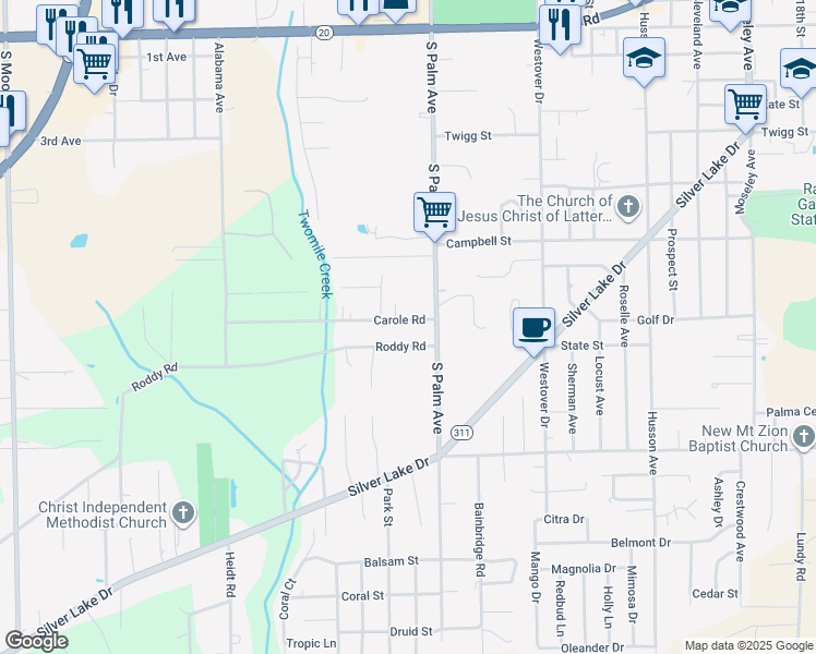 map of restaurants, bars, coffee shops, grocery stores, and more near 109 Carole Road in Palatka