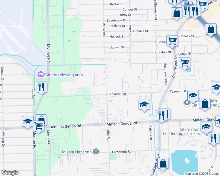 map of restaurants, bars, coffee shops, grocery stores, and more near 9443 Radio Road in Houston