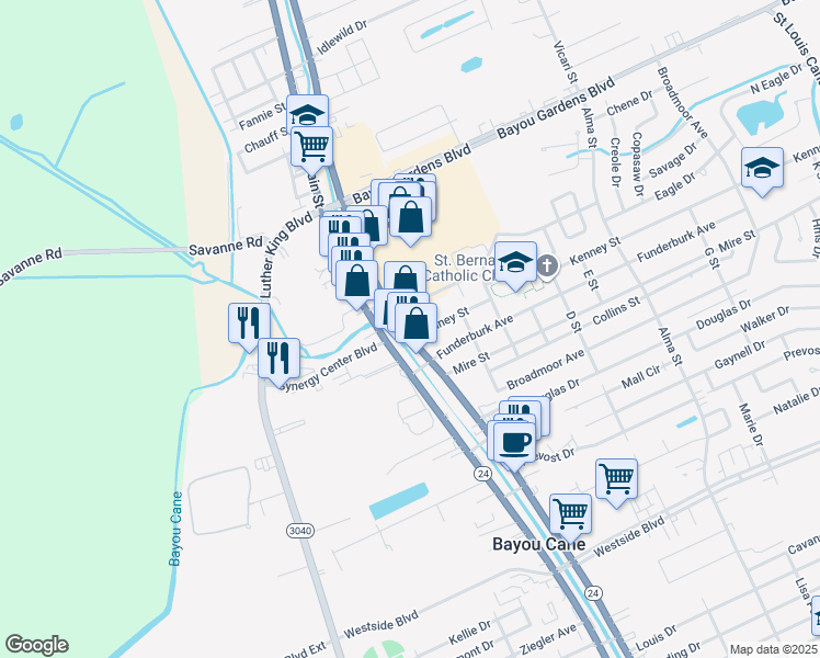 map of restaurants, bars, coffee shops, grocery stores, and more near 6057 West Park Avenue in Houma