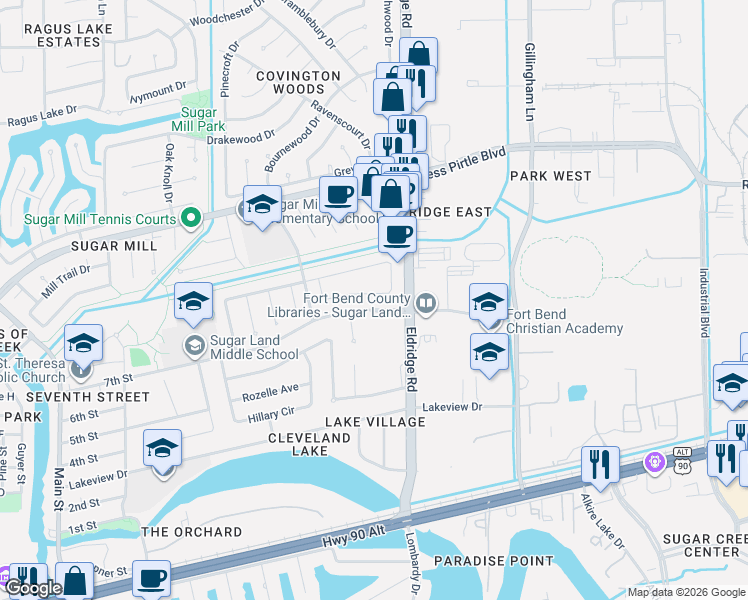 map of restaurants, bars, coffee shops, grocery stores, and more near 906 Millpond Drive in Sugar Land