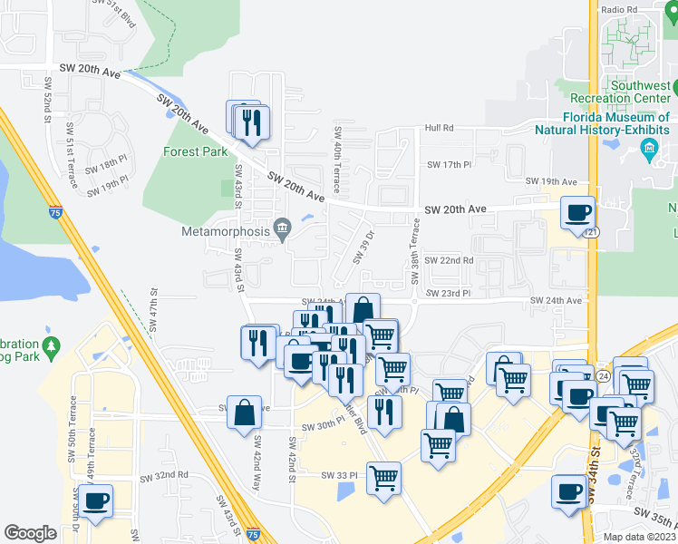 map of restaurants, bars, coffee shops, grocery stores, and more near 2303 Southwest 39 Way in Gainesville