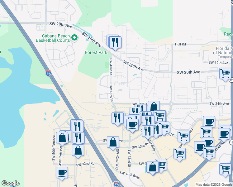 map of restaurants, bars, coffee shops, grocery stores, and more near 2362 Southwest 42nd Way in Gainesville