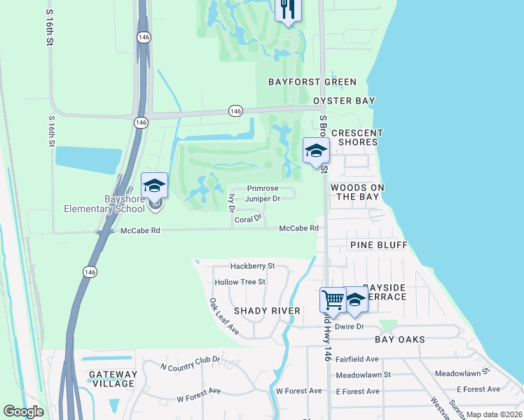 map of restaurants, bars, coffee shops, grocery stores, and more near 600 McCabe Road in La Porte