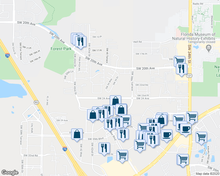 map of restaurants, bars, coffee shops, grocery stores, and more near 2318 Southwest 39 Drive in Gainesville