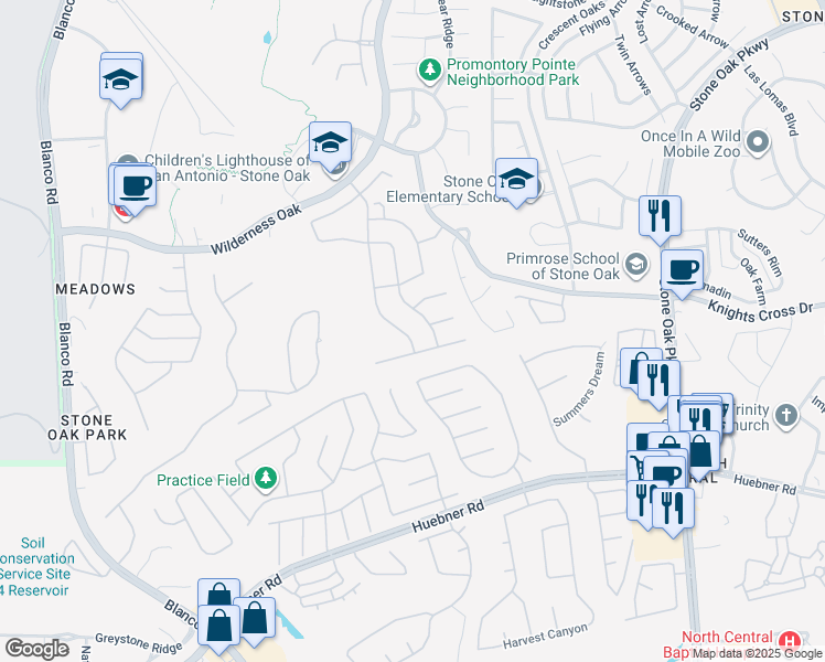 map of restaurants, bars, coffee shops, grocery stores, and more near 20402 Cliff Park Lane in San Antonio