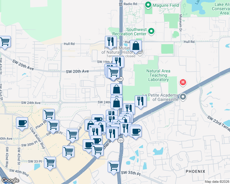 map of restaurants, bars, coffee shops, grocery stores, and more near 2220 Southwest 34th Street in Gainesville