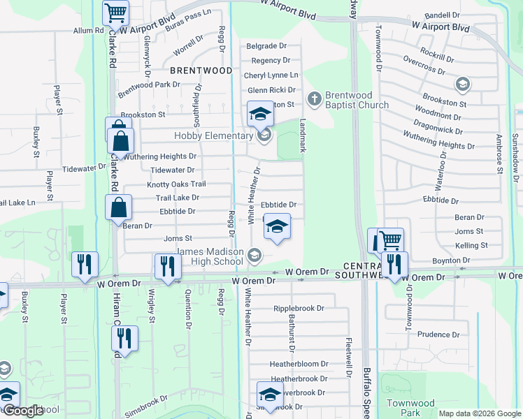 map of restaurants, bars, coffee shops, grocery stores, and more near 3922 Beran Drive in Houston